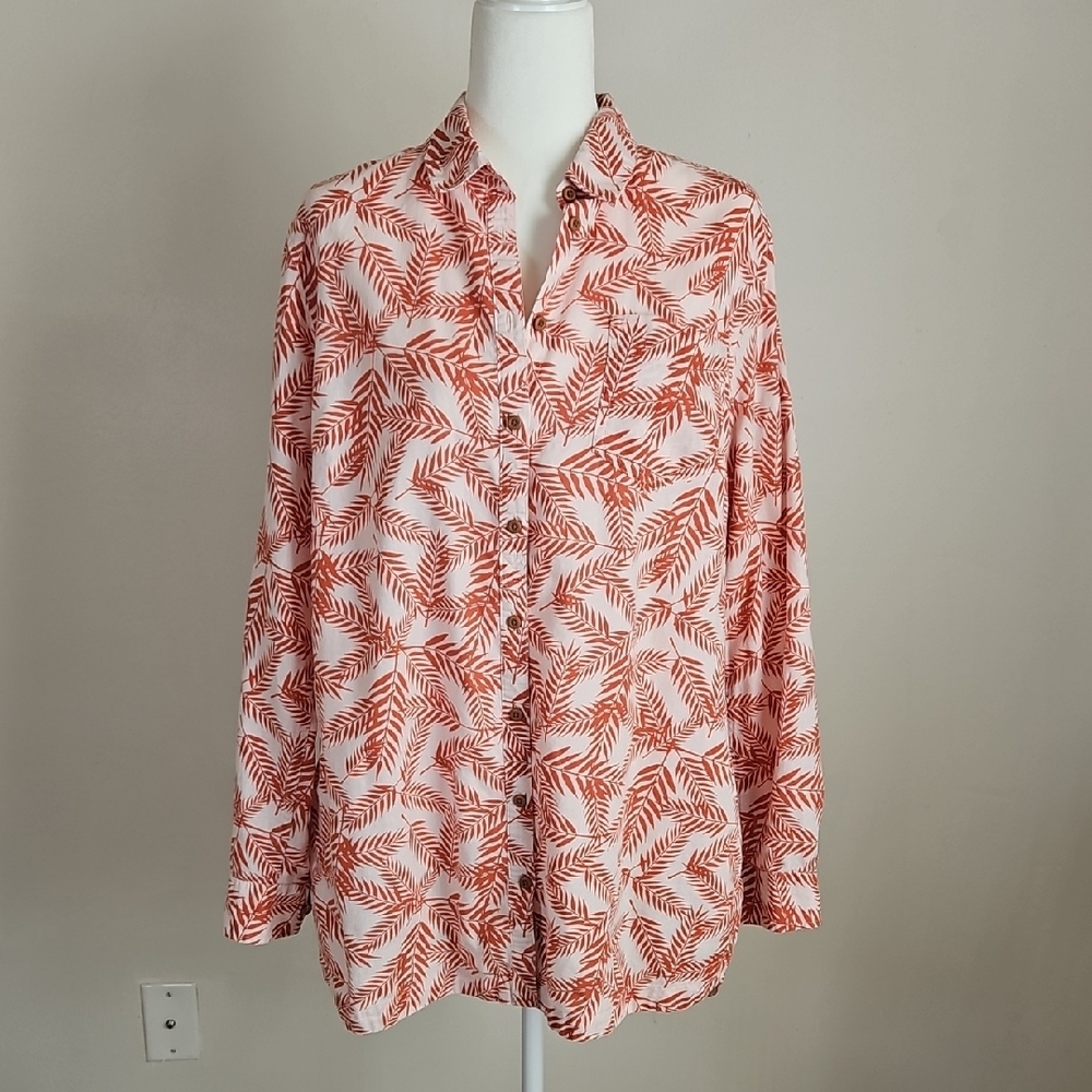 Duluth Trading LG Button Up Blouse Orange Print Organic Cotton Hemp Gorpcore